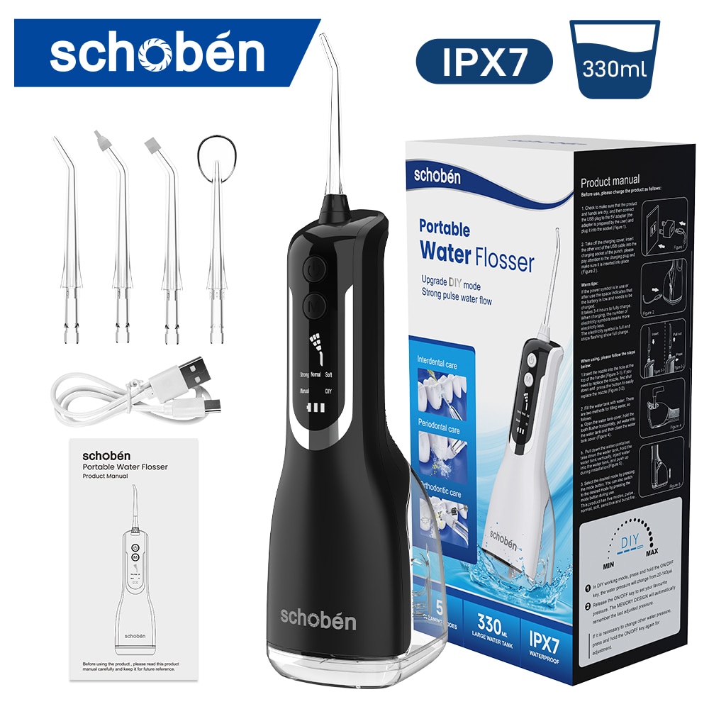 Schoben Oral Irrigator Portable IPX7 Waterproof Rechargeable 5 Modes Dental Water Flosser Teeth Cleaner 330ML Dental